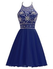  Halter Top Knee Length A-line Sleeveless Navy Blue Dress for Prom Zipper