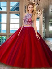 Glittering Tulle Scoop Sleeveless Backless Beading Quinceanera Gowns in Red