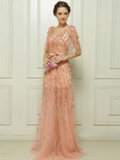 Sophisticated Peach Column/Sheath Tulle V-neck Cap Sleeves Beading and Appliques With Train Zipper Prom Party Dress Brush Train