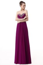 Flare Purple Chiffon Lace Up Prom Party Dress Sleeveless Floor Length Beading and Ruching