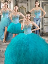 Colorful Four Piece Tulle Sleeveless Floor Length Vestidos de Quinceanera and Beading and Ruffles