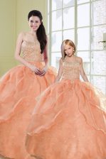 Fashionable Organza Sweetheart Sleeveless Lace Up Beading and Sequins Quinceanera Gowns in Orange