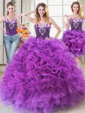  Three Piece Eggplant Purple Sweetheart Neckline Beading and Ruffles Ball Gown Prom Dress Sleeveless Lace Up