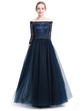 Sweet Navy Blue Column/Sheath Off The Shoulder 3 4 Length Sleeve Tulle Floor Length Zipper Beading and Appliques 