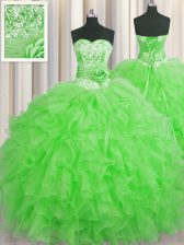 Stylish Handcrafted Flower Floor Length Green Sweet 16 Dresses Organza Sleeveless Beading and Ruffles and Hand Made Flower