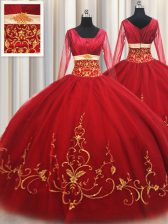 Super Square Red Tulle Zipper Quinceanera Dress Long Sleeves Floor Length Beading and Embroidery