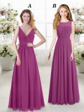  Fuchsia Chiffon Zipper Court Dresses for Sweet 16 Sleeveless Floor Length Ruching
