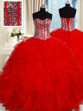 Sumptuous Red Ball Gowns Sweetheart Sleeveless Tulle Floor Length Lace Up Ruffles and Sequins Sweet 16 Dresses