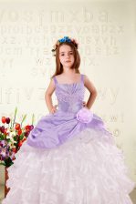 Custom Fit Lilac Straps Neckline Beading and Ruffled Layers and Hand Made Flower Little Girl Pageant Dress Sleeveless Lace Up