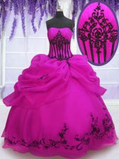 Edgy Floor Length Lace Up Quinceanera Dress Fuchsia for Military Ball and Sweet 16 and Quinceanera with Embroidery and Pick Ups