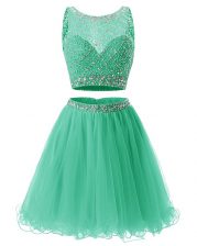 Beautiful Sweetheart Sleeveless Prom Gown Mini Length Beading and Belt Green Organza