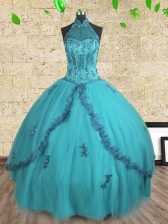 Inexpensive Halter Top Sleeveless Lace Up Quinceanera Dresses Teal Tulle