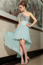 Fitting Pleated Empire Prom Evening Gown Light Blue One Shoulder Chiffon Sleeveless High Low Side Zipper