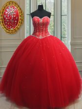High Class Red Lace Up Ball Gown Prom Dress Beading Sleeveless Floor Length