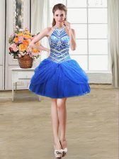 Unique Royal Blue Ball Gowns Halter Top Sleeveless Tulle Mini Length Lace Up Beading and Pick Ups Prom Dress