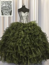 Graceful Visible Boning Olive Green Ball Gowns Sweetheart Sleeveless Organza and Sequined Floor Length Lace Up Ruffles and Sequins Ball Gown Prom Dress