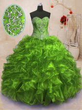  Olive Green Ball Gowns Organza Sweetheart Sleeveless Beading and Ruffles With Train Lace Up Quince Ball Gowns Sweep Train