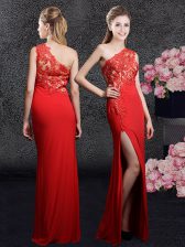 Fantastic Red Dress for Prom Prom and Party and Military Ball and Wedding Party with Lace and Appliques One Shoulder Sleeveless Side Zipper