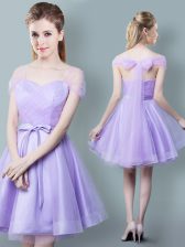  Lavender Straps Neckline Ruching and Bowknot Quinceanera Court Dresses Cap Sleeves Zipper