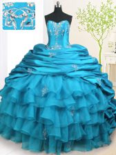  Teal Organza and Taffeta Lace Up Strapless Sleeveless With Train Sweet 16 Quinceanera Dress Brush Train Beading and Appliques and Ruffled Layers and Pick Ups