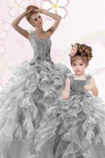Fitting Grey One Shoulder Lace Up Beading and Ruffles Quinceanera Gowns Sleeveless