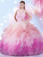  Multi-color Tulle Lace Up High-neck Sleeveless Floor Length 15th Birthday Dress Beading and Ruffles
