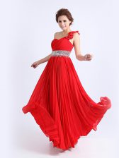  One Shoulder Floor Length Zipper Homecoming Dress Red for Prom and Party with Beading and Ruching and Pleated