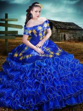 Latest Off the Shoulder Short Sleeves Floor Length Embroidery and Ruffled Layers Lace Up Sweet 16 Quinceanera Dress with Royal Blue