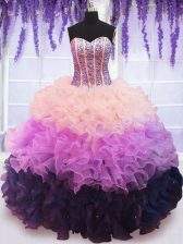 Classical Sweetheart Sleeveless Quinceanera Gowns Floor Length Beading and Ruffles and Ruffled Layers Multi-color Organza