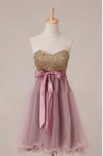 Latest Sequins Sweetheart Sleeveless Zipper Prom Gown Pink Tulle