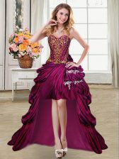Fitting Fuchsia Taffeta Lace Up Evening Dress Sleeveless High Low Beading and Appliques and Pick Ups