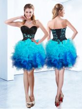 Lovely Sleeveless Organza Mini Length Lace Up Prom Gown in Blue with Ruffles