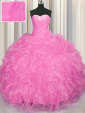 Comfortable Sweetheart Sleeveless Lace Up Sweet 16 Dresses Rose Pink Organza