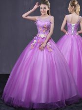  Scoop Lilac Sleeveless Floor Length Beading and Appliques Lace Up Quinceanera Gowns