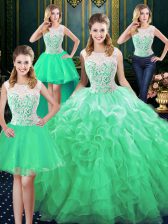 Four Piece Green Scoop Neckline Lace and Ruffles Quinceanera Gowns Sleeveless Zipper