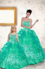Chic Pick Ups Strapless Sleeveless Lace Up Quince Ball Gowns Turquoise Taffeta