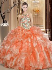 Extravagant Orange Organza Backless Scoop Sleeveless Floor Length Vestidos de Quinceanera Embroidery and Ruffles
