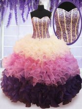 Cheap Multi-color Ball Gowns Beading and Ruffled Layers 15th Birthday Dress Lace Up Organza Sleeveless Floor Length