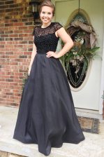 New Arrival Scoop Black Cap Sleeves Satin Backless Prom Evening Gown for Prom and Party