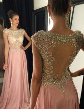  Beading Dress for Prom Pink Side Zipper Cap Sleeves Brush Train