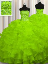Glorious Sweep Train Ball Gowns Beading and Ruffles Quinceanera Gowns Lace Up Organza Sleeveless