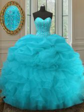  Sweetheart Sleeveless Organza Vestidos de Quinceanera Beading and Ruffles and Pick Ups Lace Up