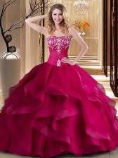  Floor Length Lace Up 15 Quinceanera Dress Coral Red for Military Ball and Sweet 16 and Quinceanera with Embroidery and Ruffles