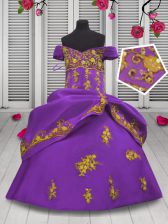Superior Lilac Satin Lace Up Little Girls Pageant Gowns Sleeveless Floor Length Beading and Appliques