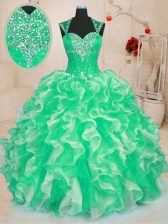 Great Green Lace Up 15 Quinceanera Dress Beading and Ruffles Sleeveless Floor Length