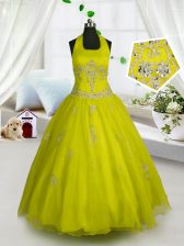  Halter Top Yellow Lace Up Kids Pageant Dress Appliques Sleeveless Floor Length