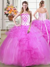 Dazzling Strapless Sleeveless Lace Up Quinceanera Dresses Fuchsia Tulle