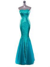 Dazzling Mermaid Sequins Prom Dress Turquoise Zipper Sleeveless Floor Length