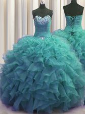  Beaded Bust Floor Length Turquoise Sweet 16 Quinceanera Dress Organza Sleeveless Beading and Ruffles