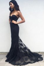  Mermaid Black Sleeveless Lace Sweep Train Zipper Homecoming Dress for Prom and Party